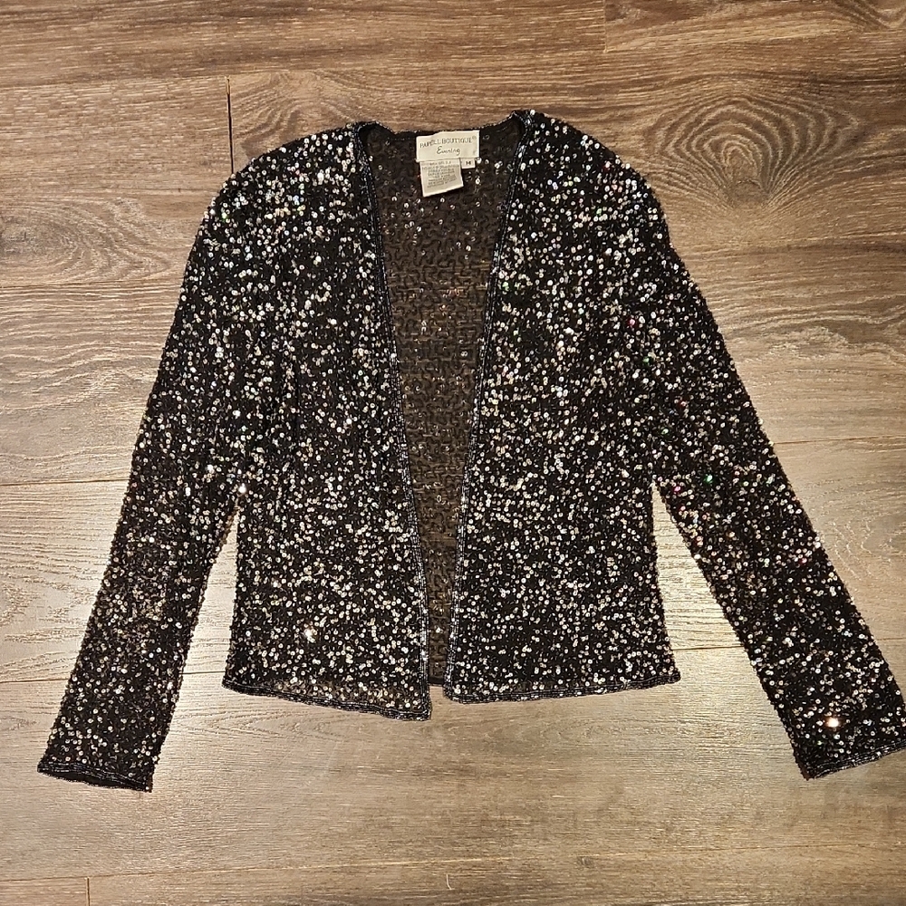 ❤️ VINTAGE ADRIANNA PAPELL BOUTIQUE EVENING BLACK SILK BEADED SEQUIN CARDIGAN, M - Picture 3 of 13